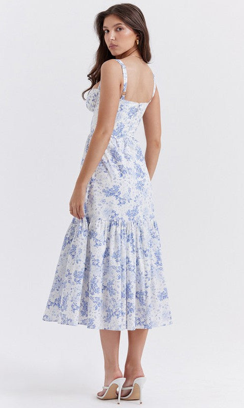 Tea Length White and Blue Floral Casual Dress