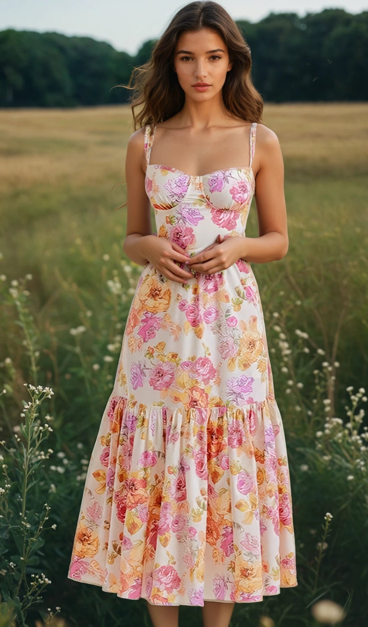 Tea-Length Floral-Print Tiered A-Line Casual Dress