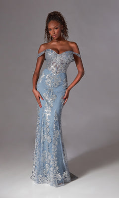 blue and gray dress Off-the-Shoulder Long Blue Prom Dress with Glitterss French Blue / 16