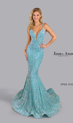 Woman wearing the Velvet Sequin Long Prom Dress: Jessica Angel 2532, a sparkling light blue gown with a deep V-neckline and thin straps, standing against a plain gray background.