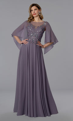 A woman in an amethyst Stella Couture 25351 long formal dress with sheer flutter sleeves and a sequin lace bodice stands against a plain gray background.