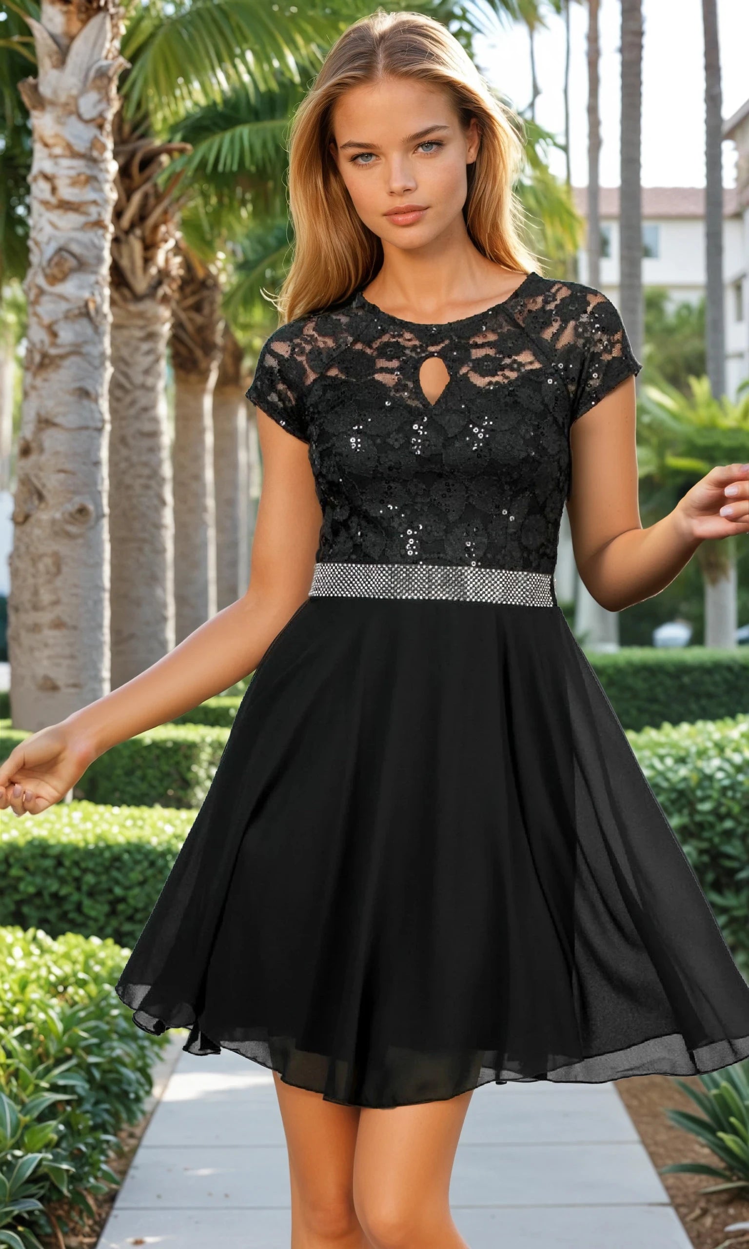 Woman wearing a black lace dress with a silver belt in an outdoor setting with palm trees.