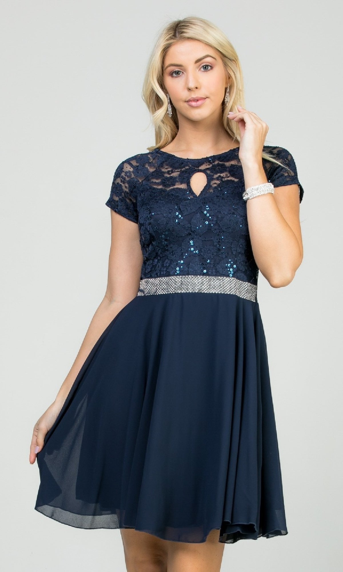 Short Cap-Sleeve Lace-Bodice Party Dress– PromGirl