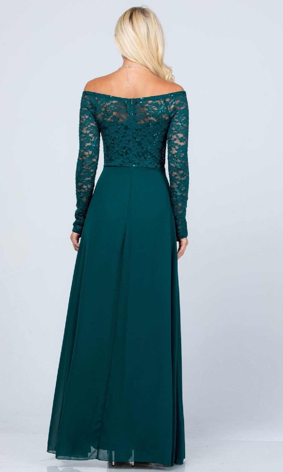A woman with long blonde hair is shown from the back wearing the Long A-Line Lace-Bodice Plus-Size Formal Dress, featuring a floor-length teal off-the-shoulder gown with lace long sleeves and an elegant A-line skirt.