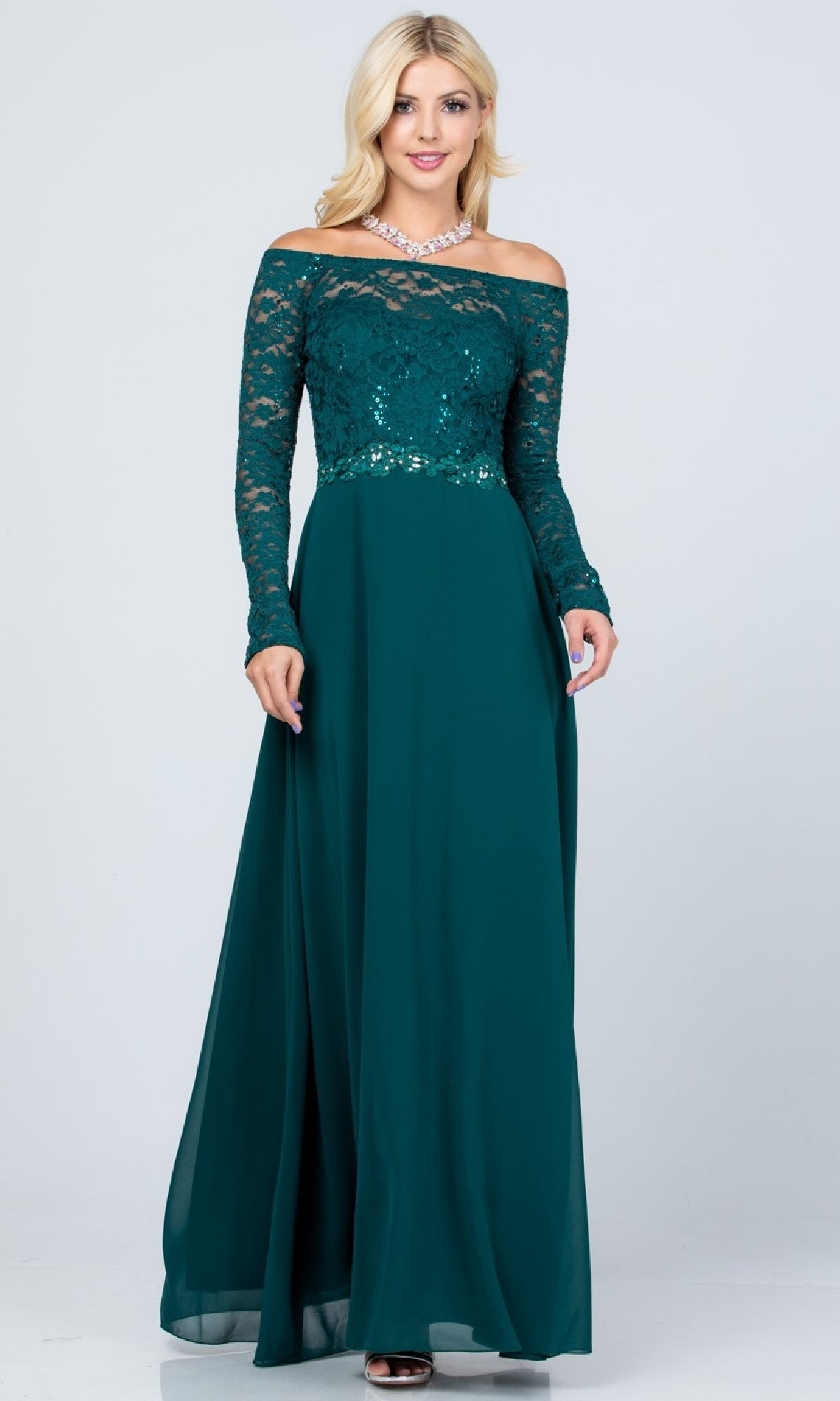 Long A-Line Lace-Bodice Plus-Size Formal Dress
