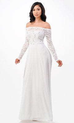 A woman wears the Long A-Line Lace-Bodice Plus-Size Formal Dress—a white, off-the-shoulder gown with elegant lace bodice and sleeves, and a flowing a-line skirt—standing against a plain white background.