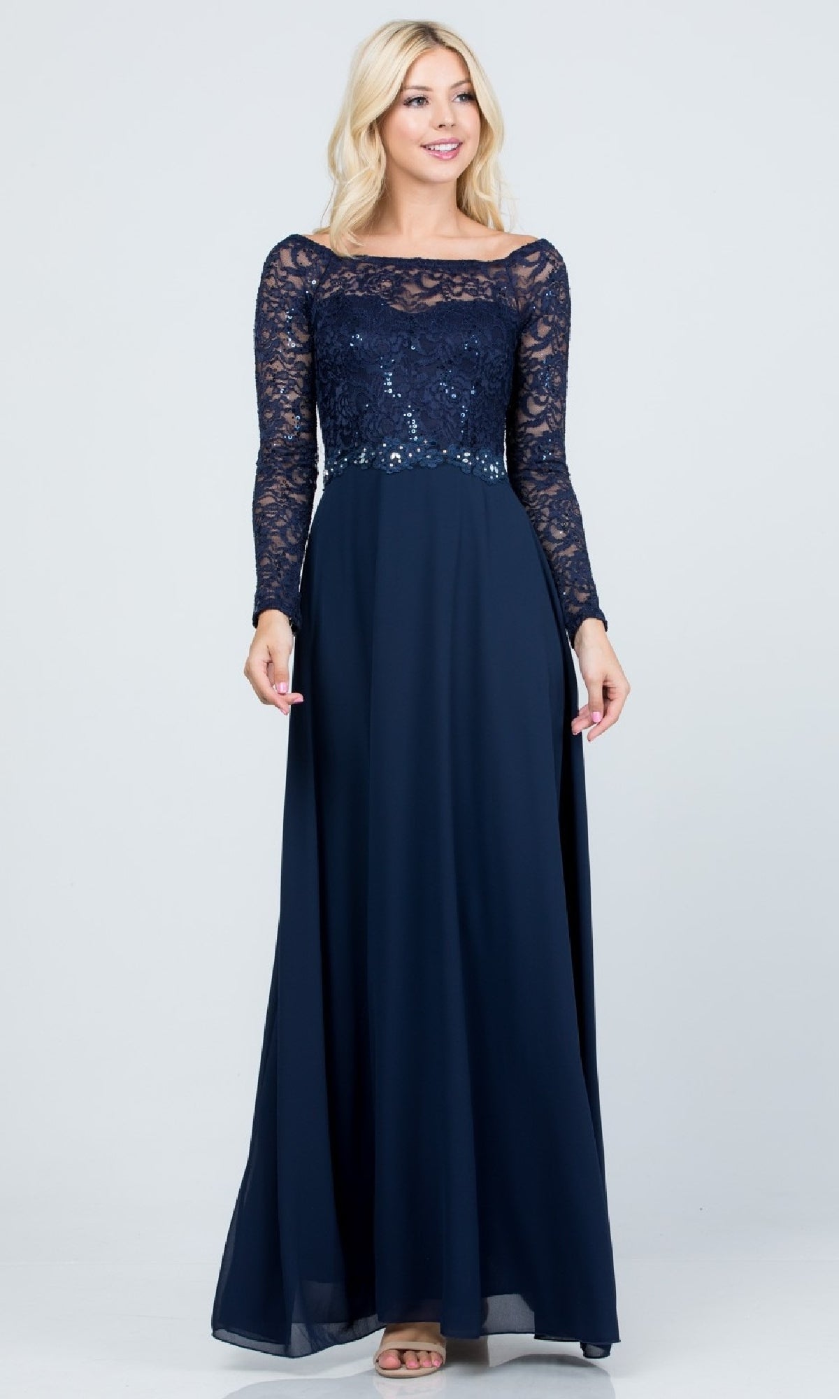 Long Sleeve Lace-Bodice Long A-Line Formal Dress