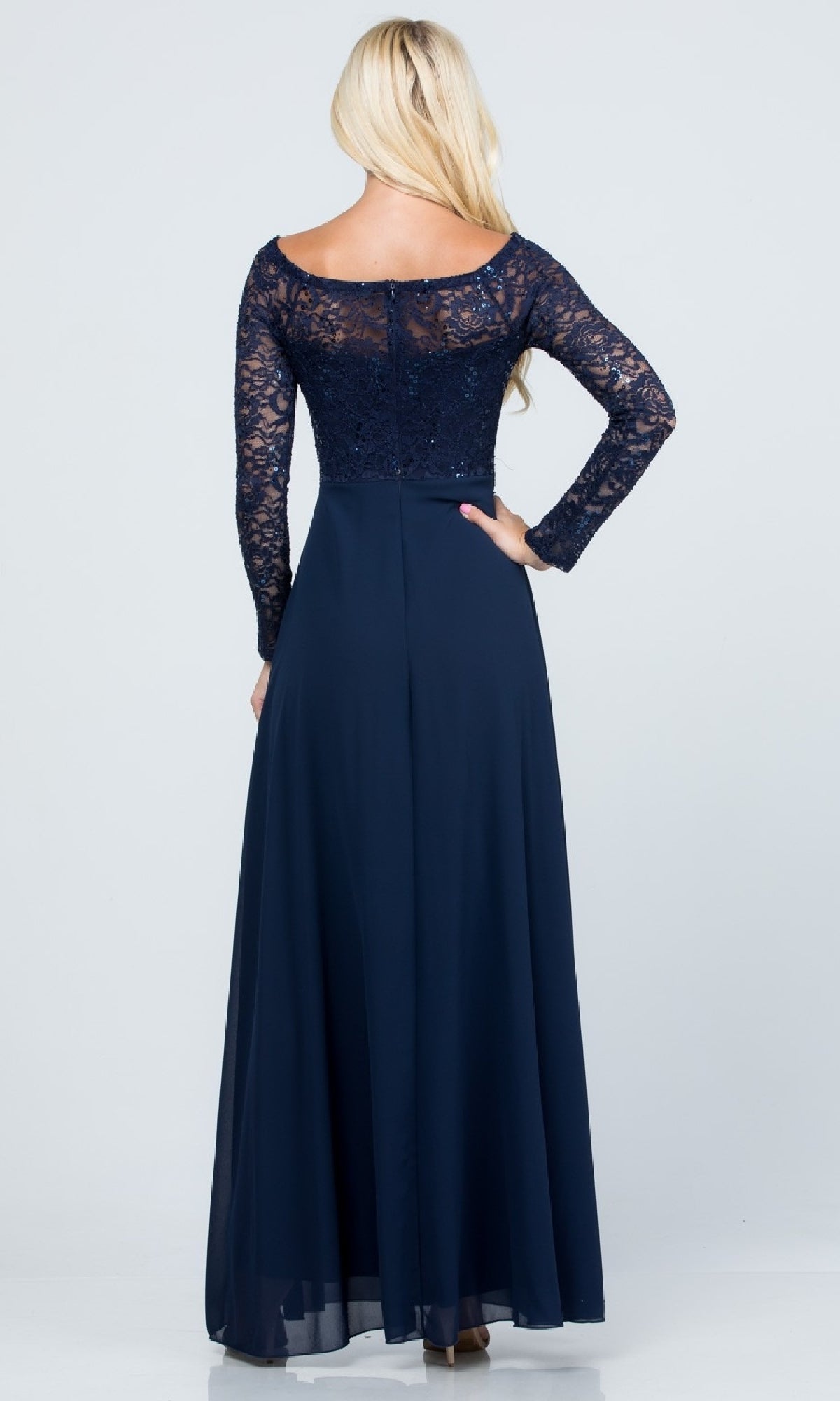 Long Sleeve Lace-Bodice Long A-Line Formal Dress