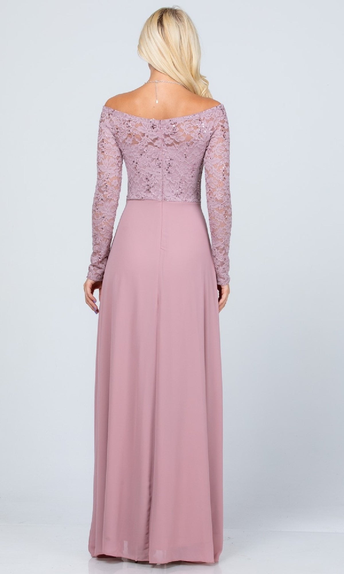 Long Sleeve Lace-Bodice Long A-Line Formal Dress
