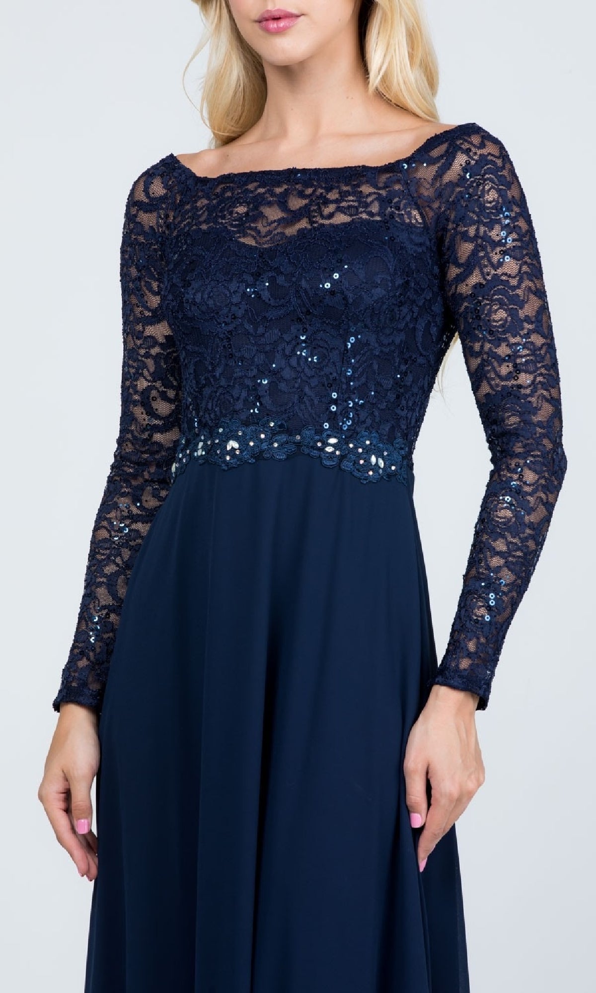Long Sleeve Lace-Bodice Long A-Line Formal Dress