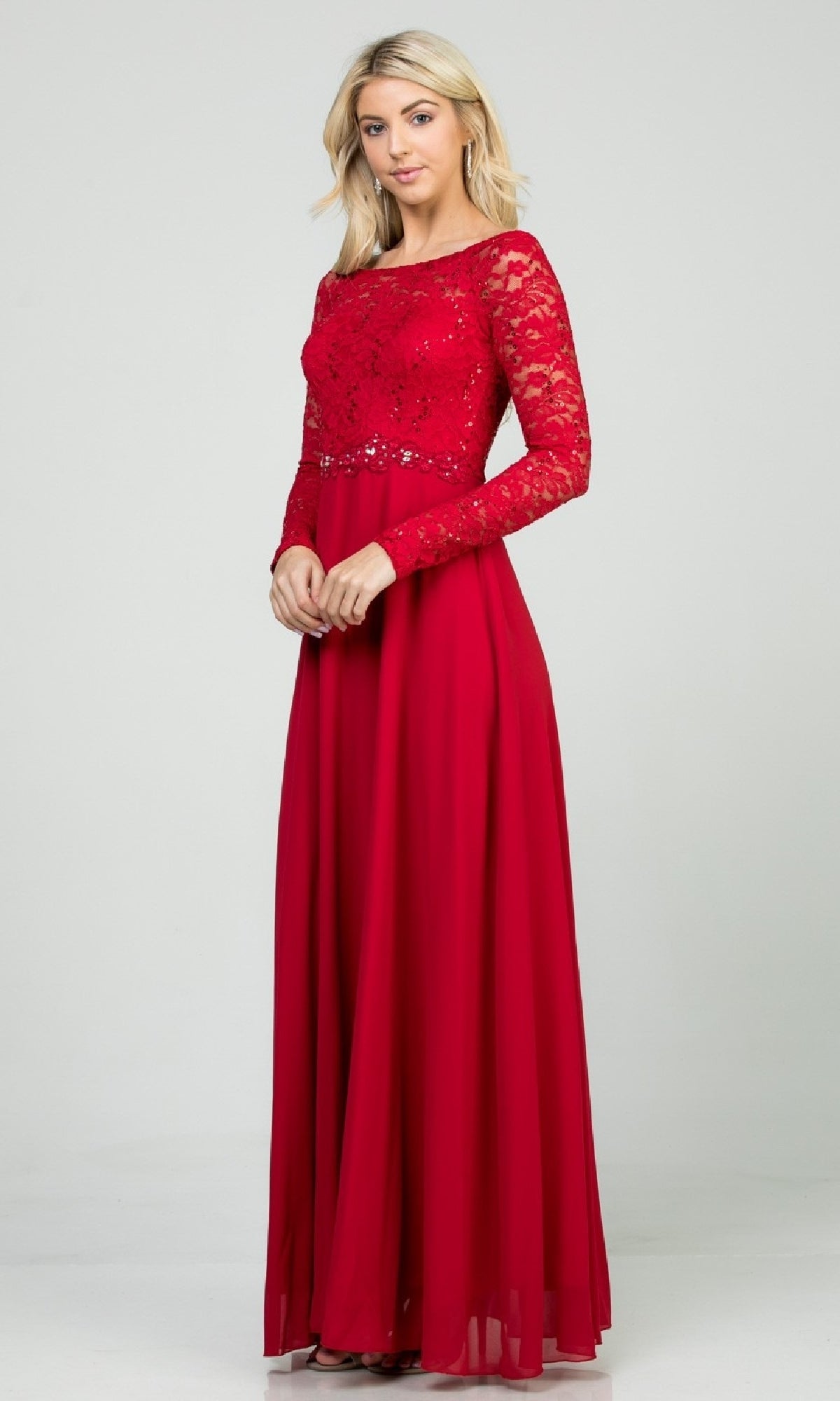 Long Sleeve Lace-Bodice Long A-Line Formal Dress