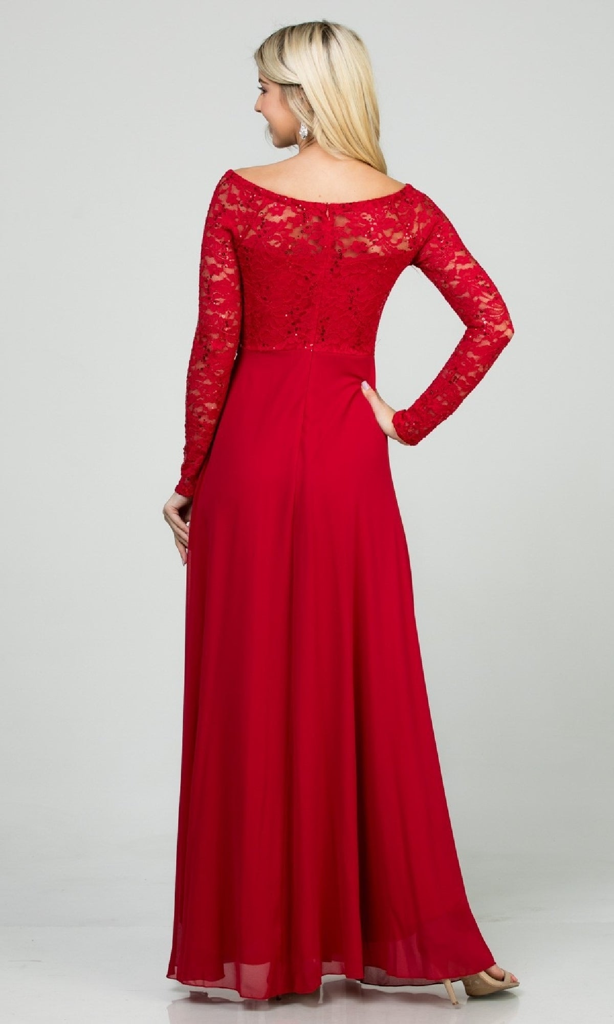 Long Sleeve Lace-Bodice Long A-Line Formal Dress