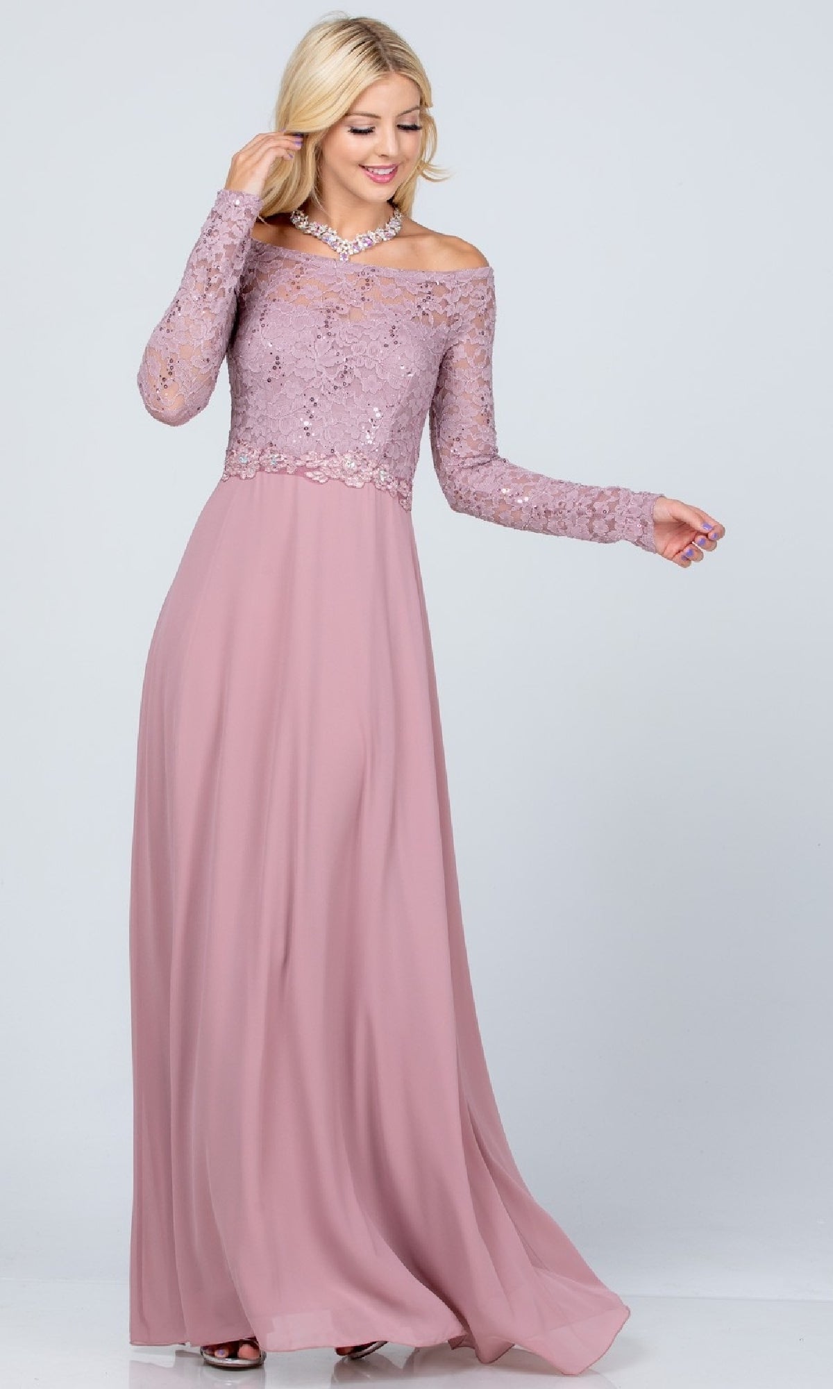 Long Sleeve Lace-Bodice Long A-Line Formal Dress