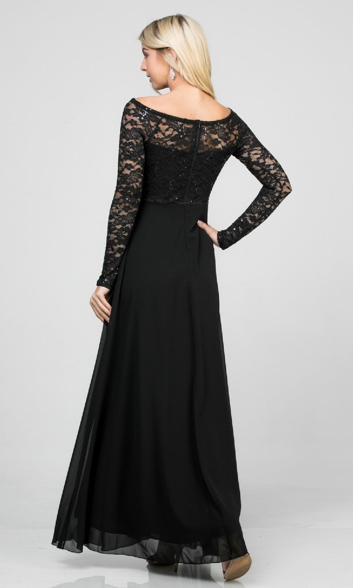 Long Sleeve Lace-Bodice Long A-Line Formal Dress