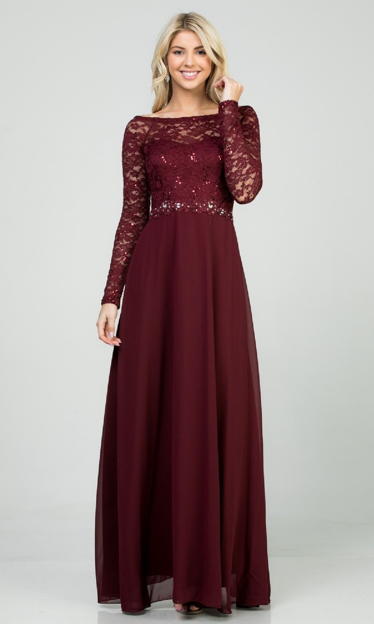 Long Sleeve Lace-Bodice Long A-Line Formal Dress