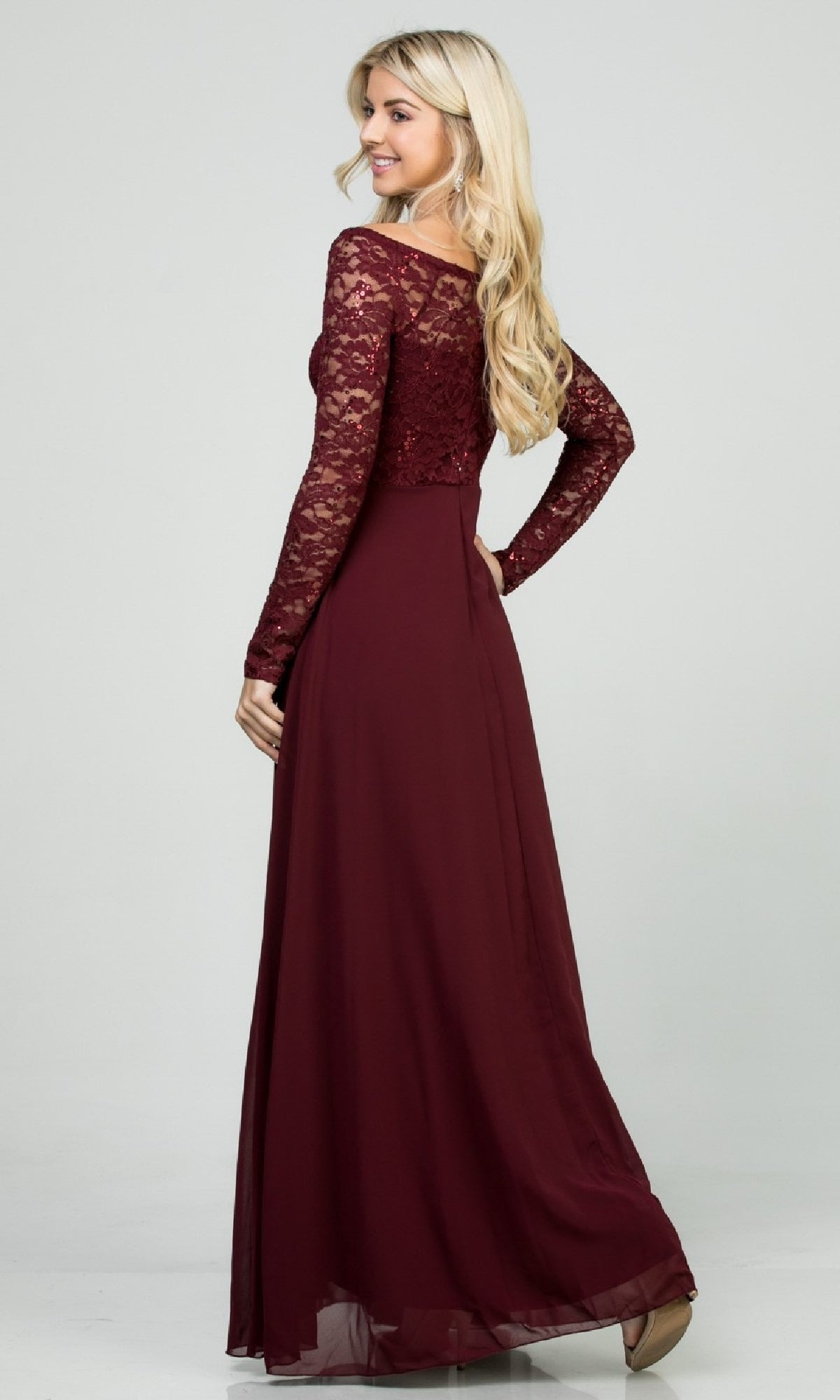 Long Sleeve Lace-Bodice Long A-Line Formal Dress
