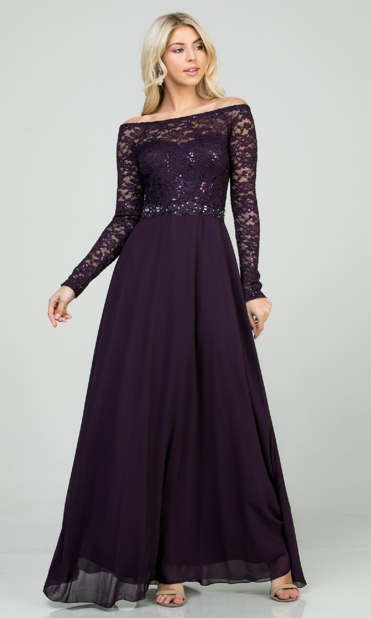 Long Sleeve Lace-Bodice Long A-Line Formal Dress