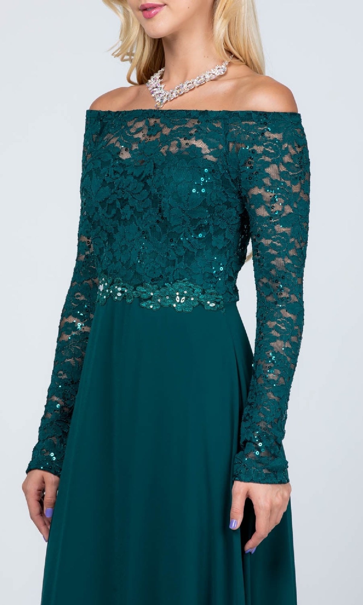 Long Sleeve Lace-Bodice Long A-Line Formal Dress