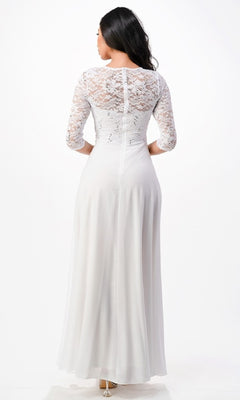 A woman faces away, wearing the Plus-Size A-Line Long Formal Dress with Sleeves featuring a v-neck lace bodice, three-quarter sleeves, and a flowing a-line skirt.