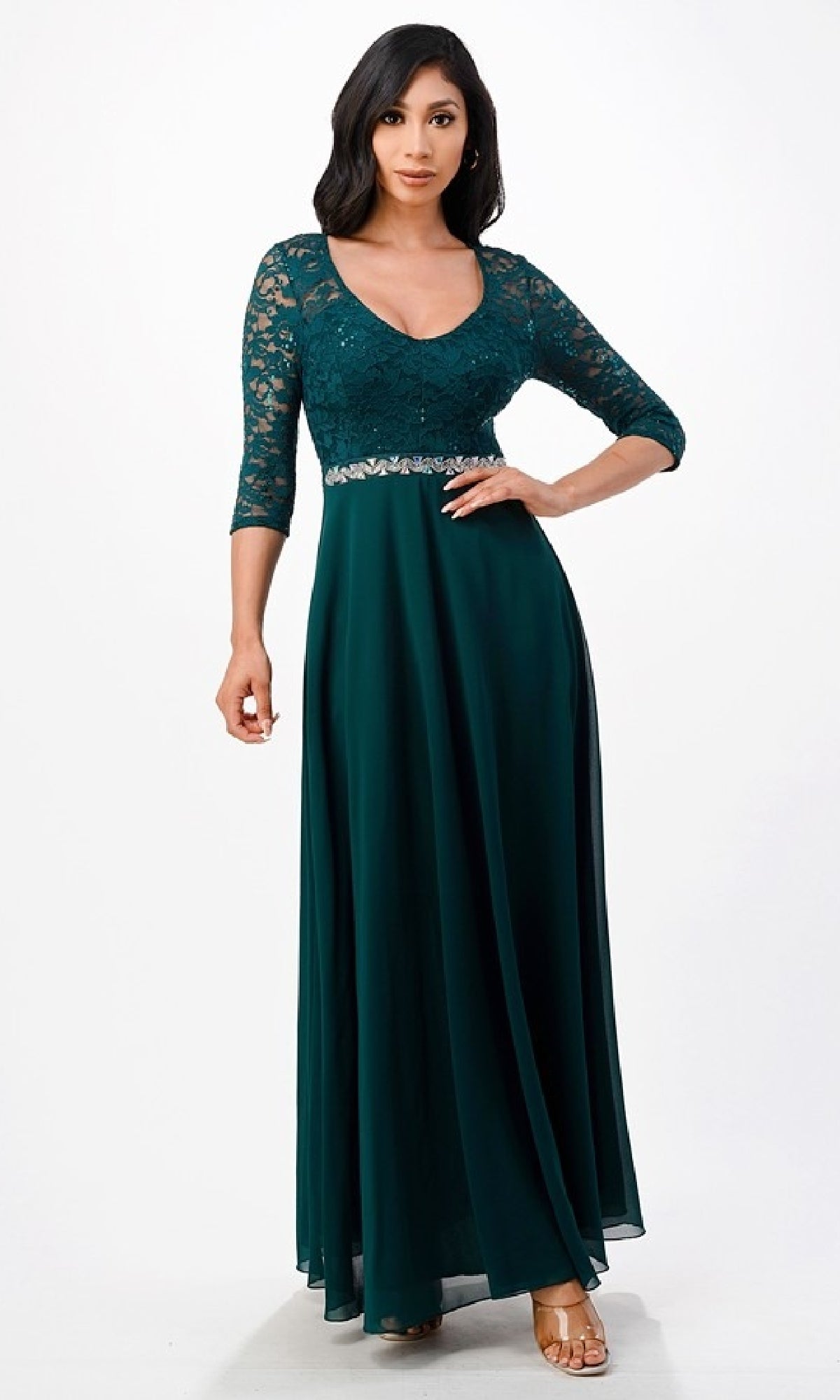 Plus-Size A-Line Long Formal Dress with Sleeves