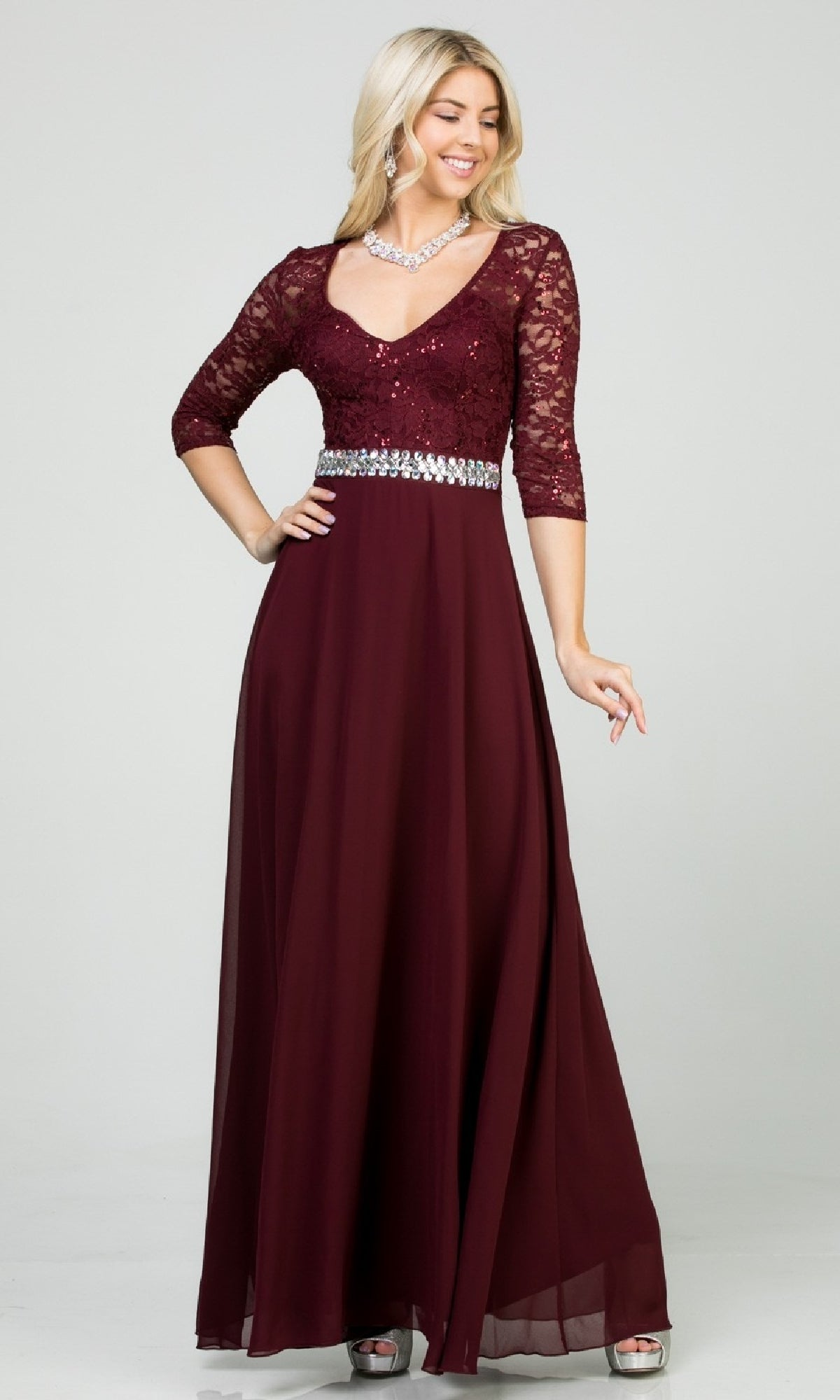 Plus-Size A-Line Long Formal Dress with Sleeves