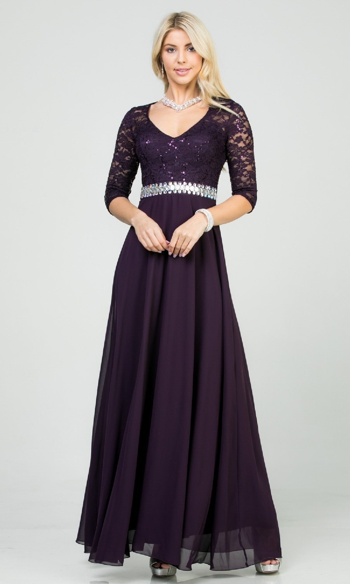 Plus-Size A-Line Long Formal Dress with Sleeves
