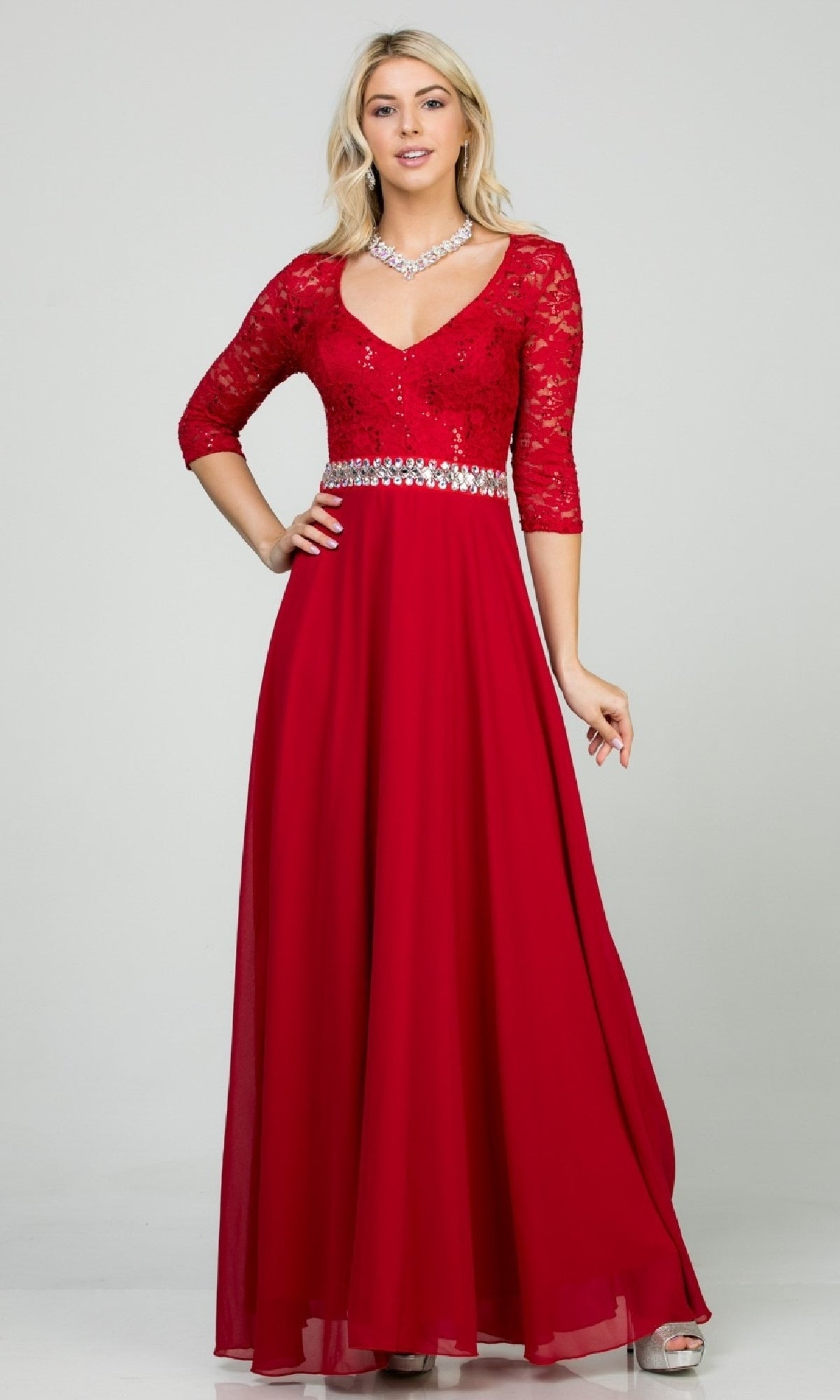 Sleeved V-Neck Long A-Line Formal Dress 25434