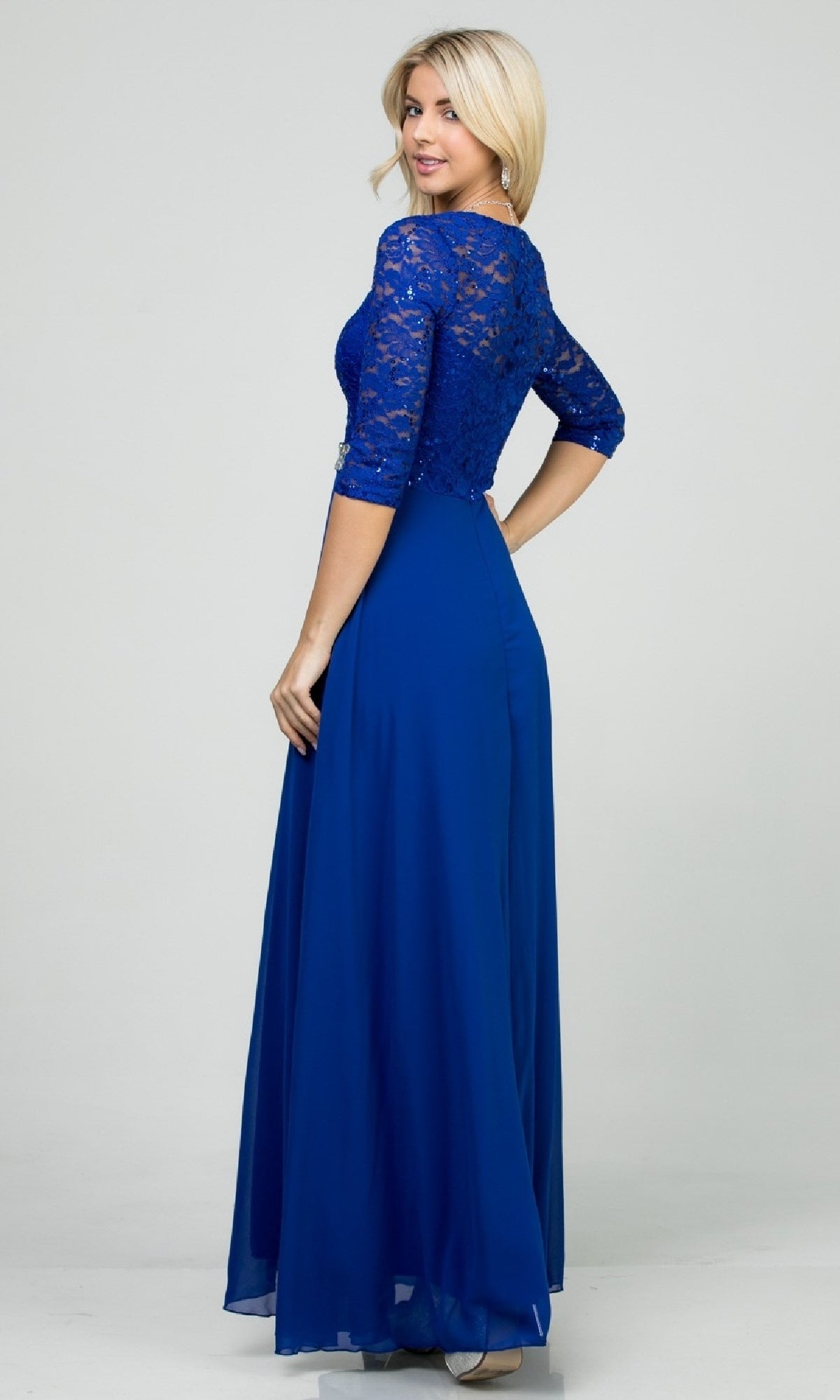 Sleeved V-Neck Long A-Line Formal Dress 25434