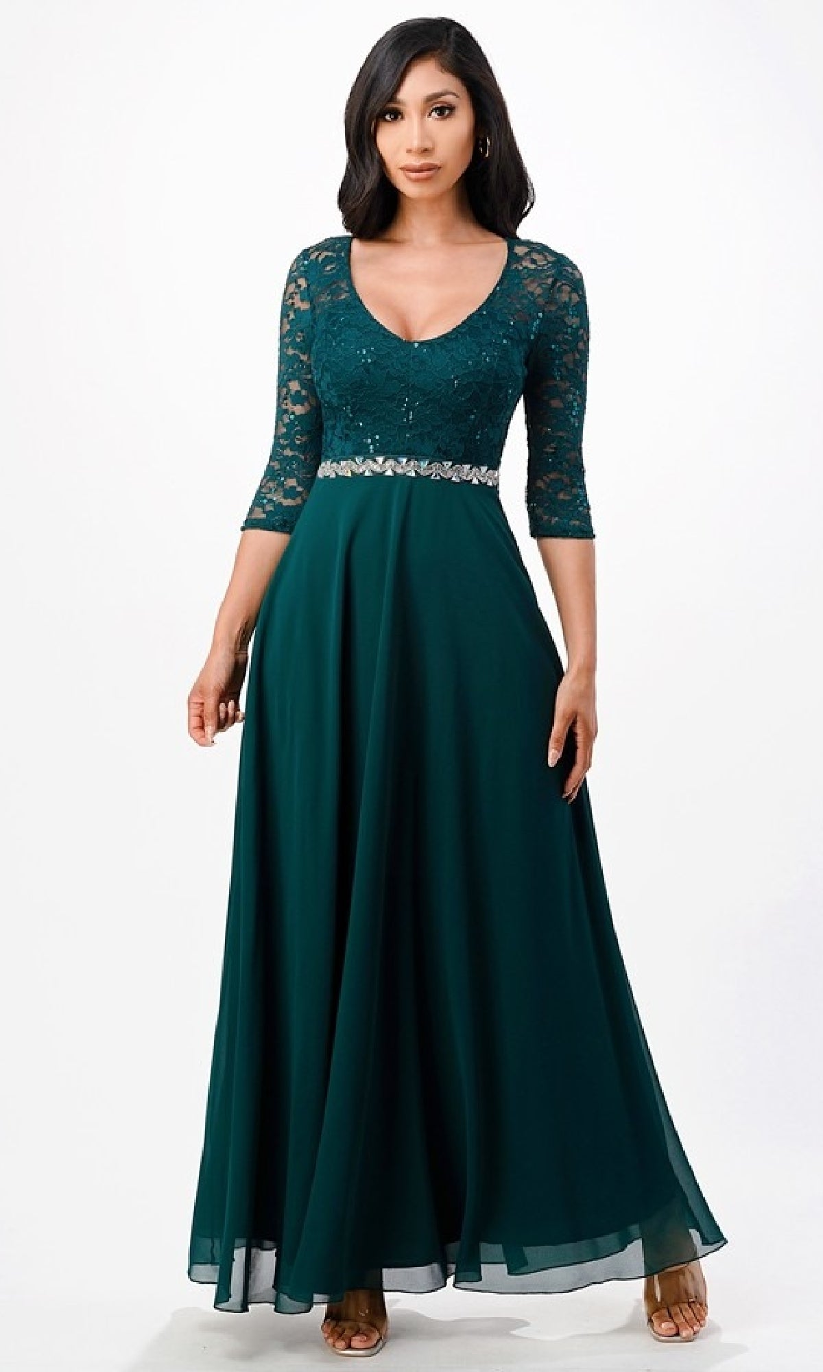 Sleeved V-Neck Long A-Line Formal Dress 25434
