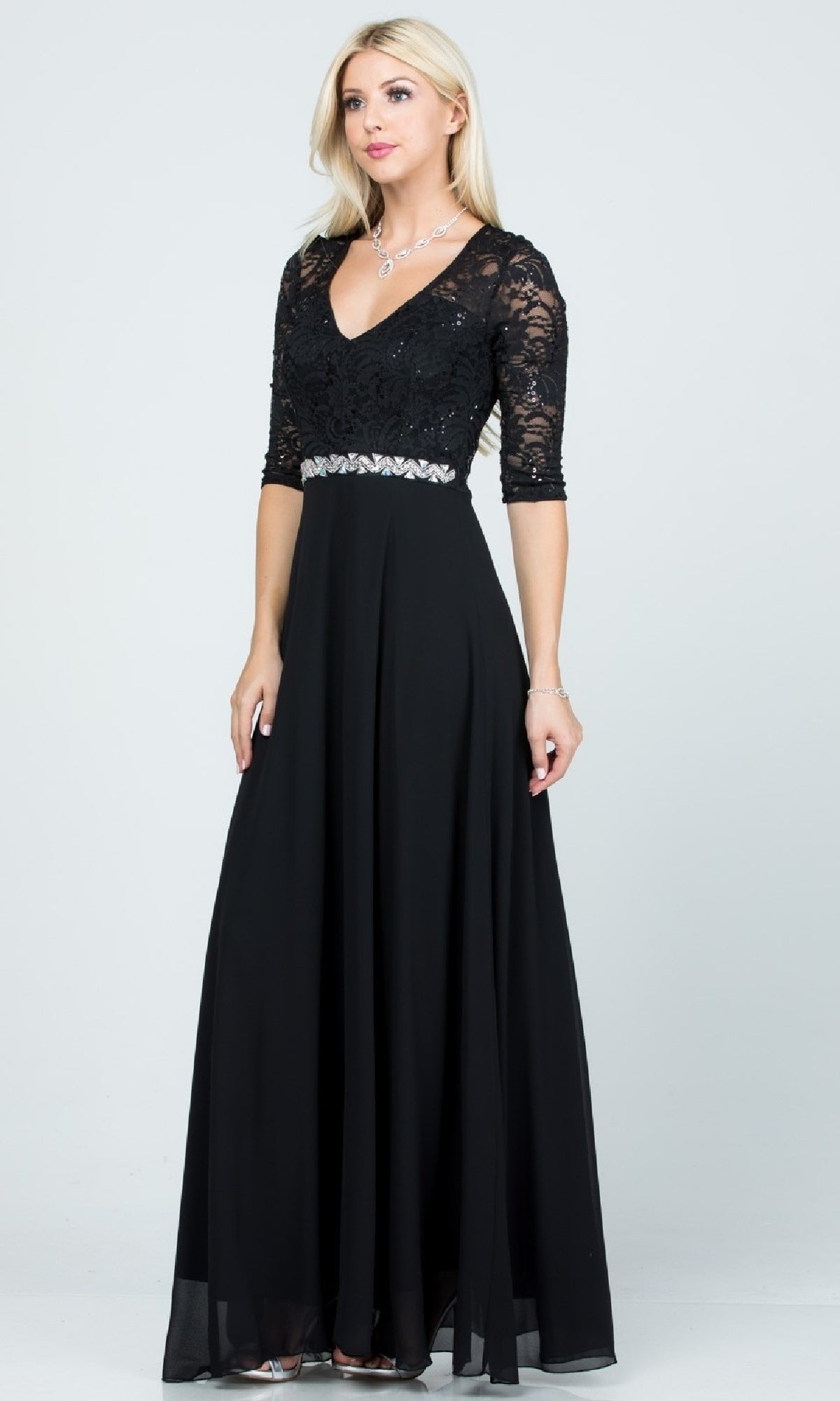 Sleeved V-Neck Long A-Line Formal Dress 25434