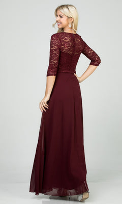 A woman wearing the Sleeved V-Neck Long A-Line Formal Dress 25434, featuring three-quarter sleeves and a flowing burgundy chiffon skirt, stands facing away and looks over her shoulder.