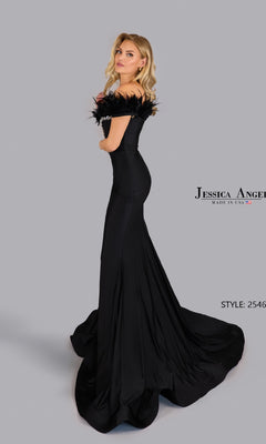 A woman poses against a plain background in the Jessica Angel 2546 Long Prom Dress, a fitted black off-the-shoulder gown with feathers and a long train. Text reads “Jessica Angel” and “Style: 2546.”.