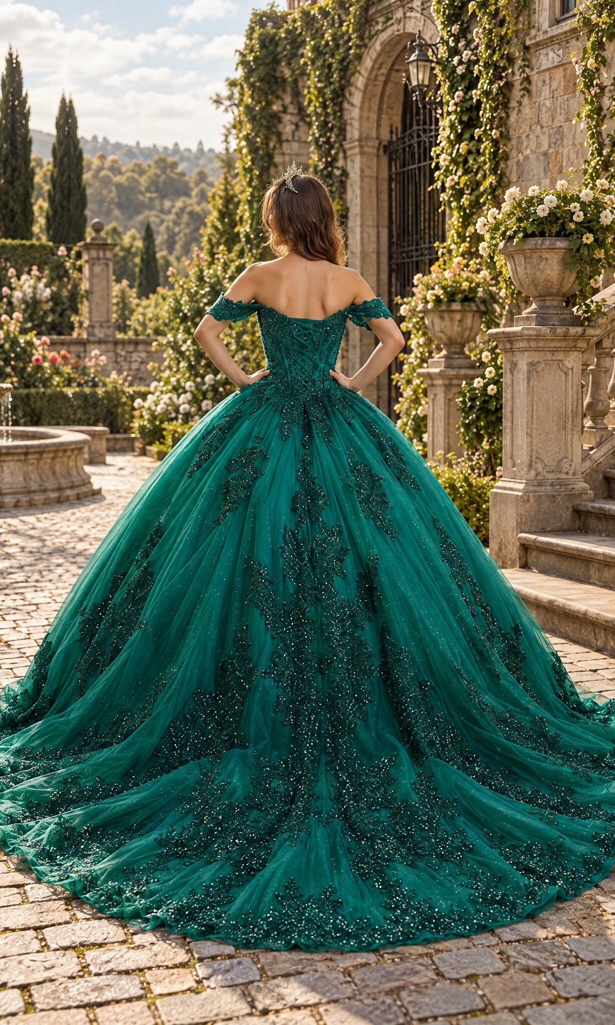 Back view of the Quinceanera Dress: Stella Couture 25463, featuring a dark green off-the-shoulder ball gown with beaded lace appliques and a long, full skirt.