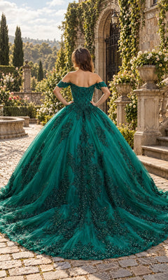 Back view of the Quinceanera Dress: Stella Couture 25463, featuring a dark green off-the-shoulder ball gown with beaded lace appliques and a long, full skirt.