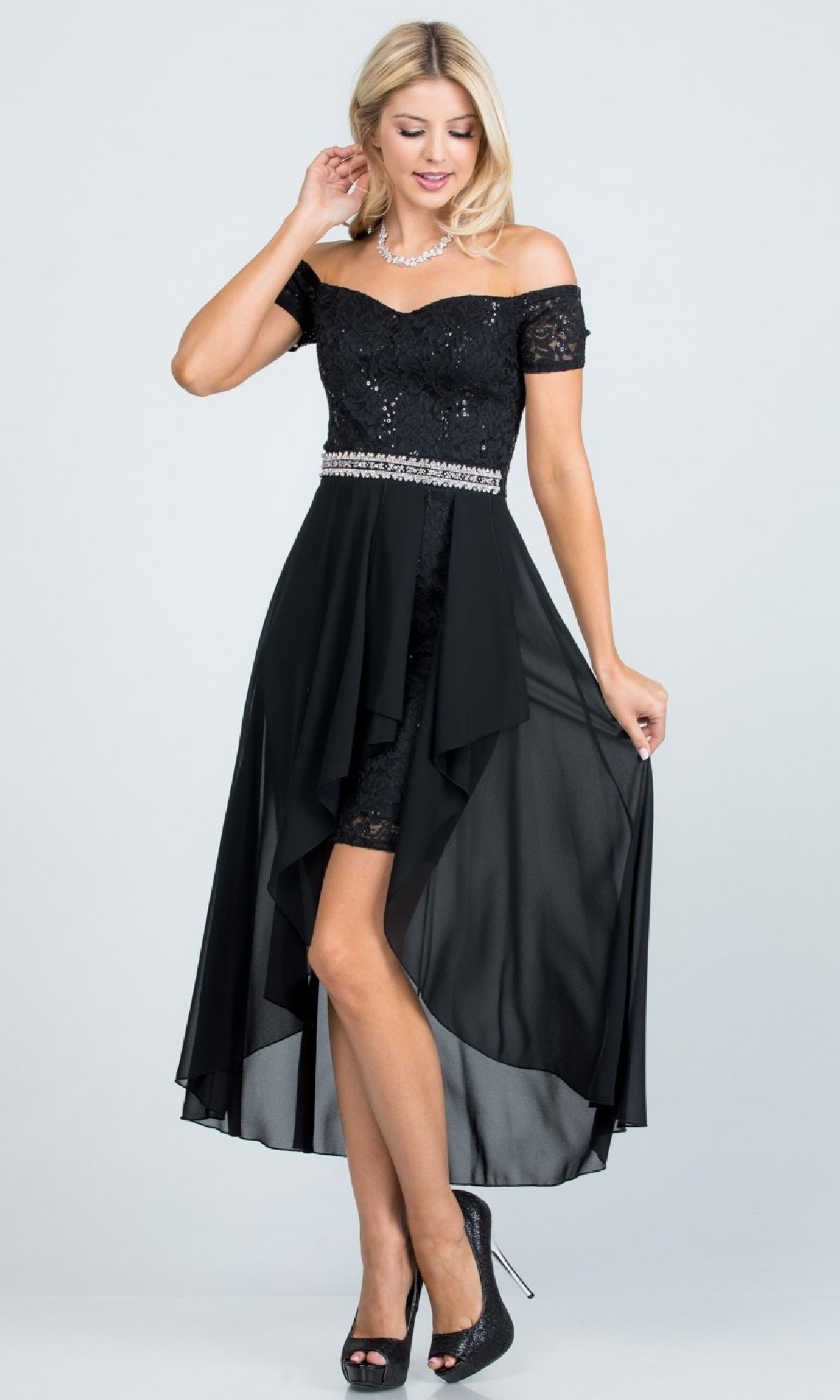 Lace Off-the-Shoulder Party Dress with Overlay PromGirl Lace Off-the-Shoulder Party Dress with Overlay PromGirl