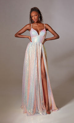 Woman poses with hands on hips in the Aerie Couture 255, a long sequin A-line prom dress featuring spaghetti straps and a high slit, set against a plain background.