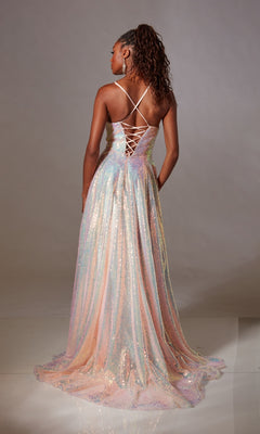 A woman faces away from the camera in the Long Sequin A-Line Prom Dress: Aerie Couture 255, featuring a shimmering pastel finish, lace-up back, and a flowing skirt.