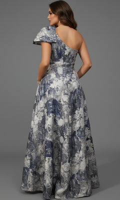Woman wearing the Jovani 25663 long formal dress, a blue and white floral one-shoulder gown with an elegant a-line skirt, standing with her back to the camera against a plain gray background.