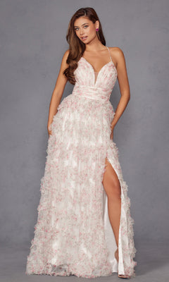 A woman models the Juliet JT2572U Pink Floral Prom Dress, featuring a floor-length silhouette, deep V-neck, high slit, and sleeveless design, set against a plain gray background.