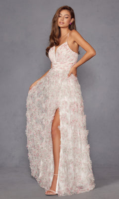 A woman models the Pink Floral Prom Dress: Juliet JT2572U, featuring a sleeveless, floor-length design with a v-neck and thigh-high slit, against a plain gray background.