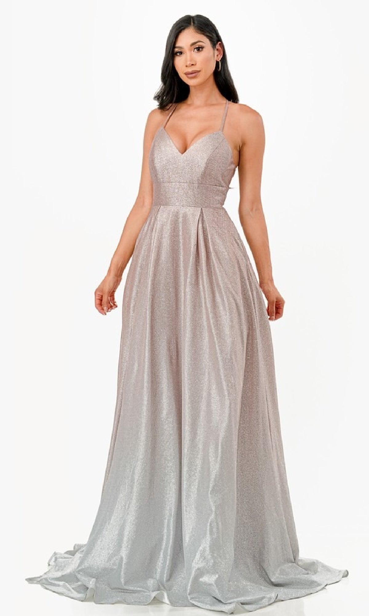 Strappy Open-Back Long Ombre Prom Dress with Glitter– PromGirl