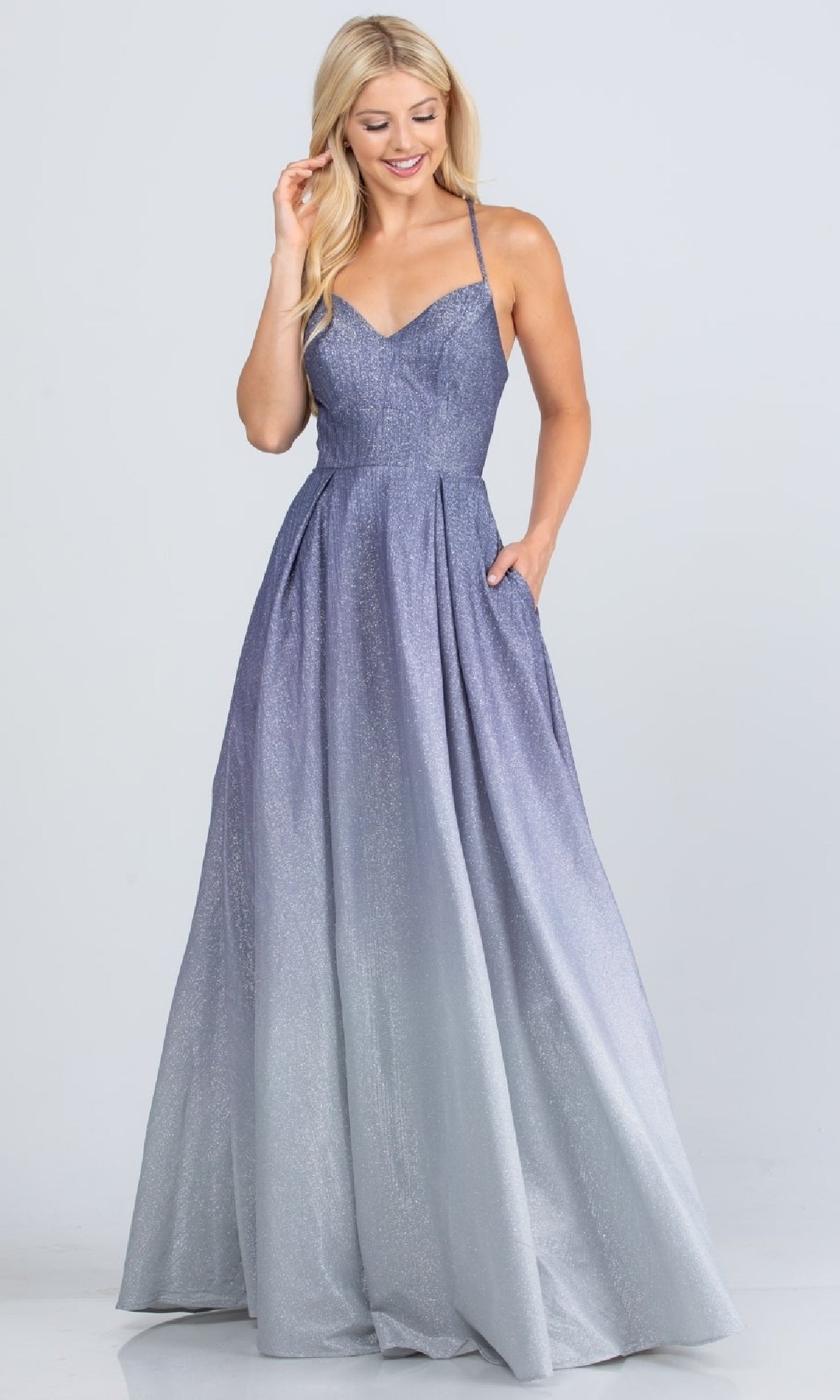 Strappy Open-Back Long Ombre Prom Dress with Glitter Navy / Medium Strappy Open-Back Long Ombre Prom Dress with Glitter Navy / Medium