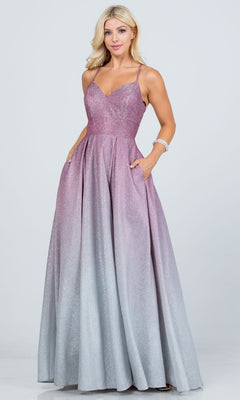 Strappy Open-Back Long Ombre Prom Dress with Glitter PromGirl