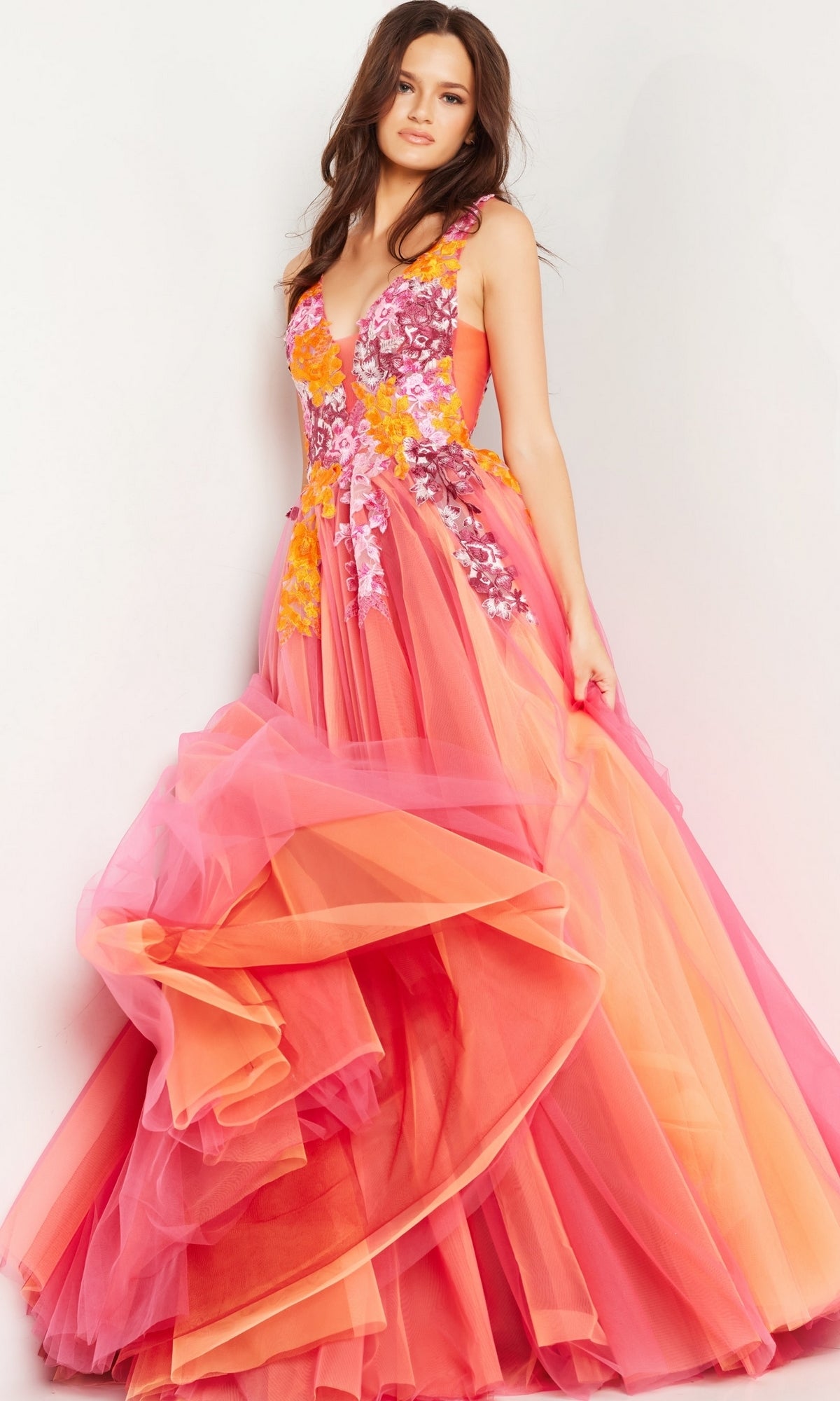 Jovani V-Neck Long Orange Prom Ball Gown 25800