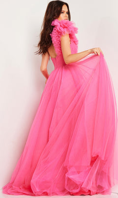 A woman faces away, wearing the Jovani 25919 one-shoulder long prom ball gown with ruffled detailing and a voluminous tulle skirt.