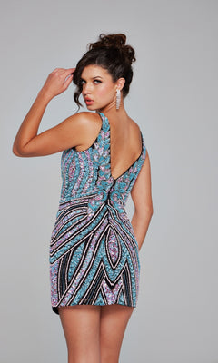 A woman poses against a plain background, wearing the Jovani Short Beaded V-Neck Homecoming Dress 25925, featuring a fitted silhouette with sparkling beadwork and a deep V-back.