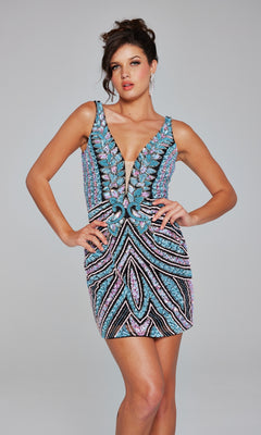 Woman stands with hands on hips, wearing the Jovani Short Beaded V-Neck Homecoming Dress 25925 featuring blue, pink, and black geometric sequin patterns.