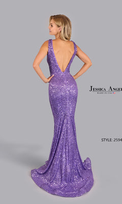 A woman faces away, wearing the Jessica Angel 2591 V-Back Long Sequin Prom Dress—a fitted, floor-length purple gown with a sleeveless design, deep v-back, shimmering sequins, and a slight train.