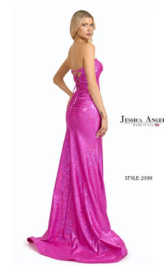 A woman poses with her back to the camera in the dazzling, floor-length Jessica Angel 2599 strapless sequin prom gown, featuring a corset-style bodice and lace-up back in bright pink.