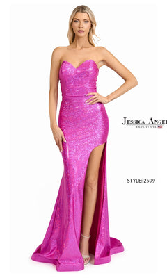Woman in the Strapless Sequin Prom Gown: Jessica Angel 2599, featuring a corset-style bodice, fitted shiny pink design, sweetheart neckline, and high side slit, poses with one hand on her hip.